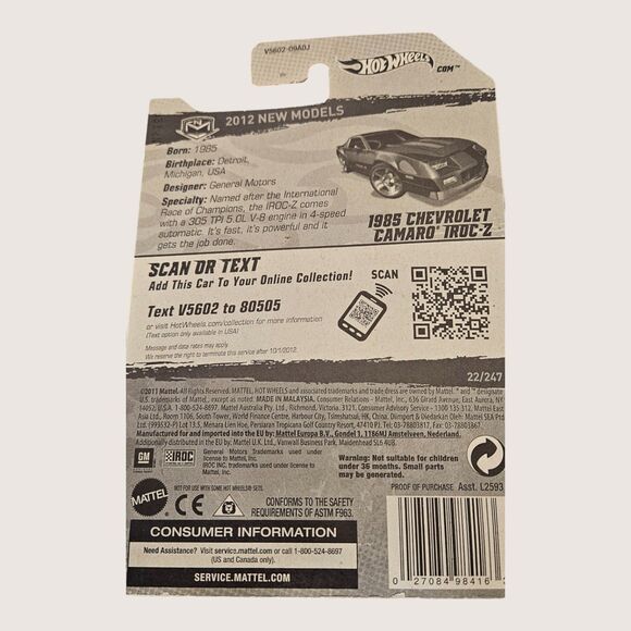Hot Wheels 1985 Cheverolet Camaro Iroc-Z. ITEM #3636 - Picture 2 of 2
